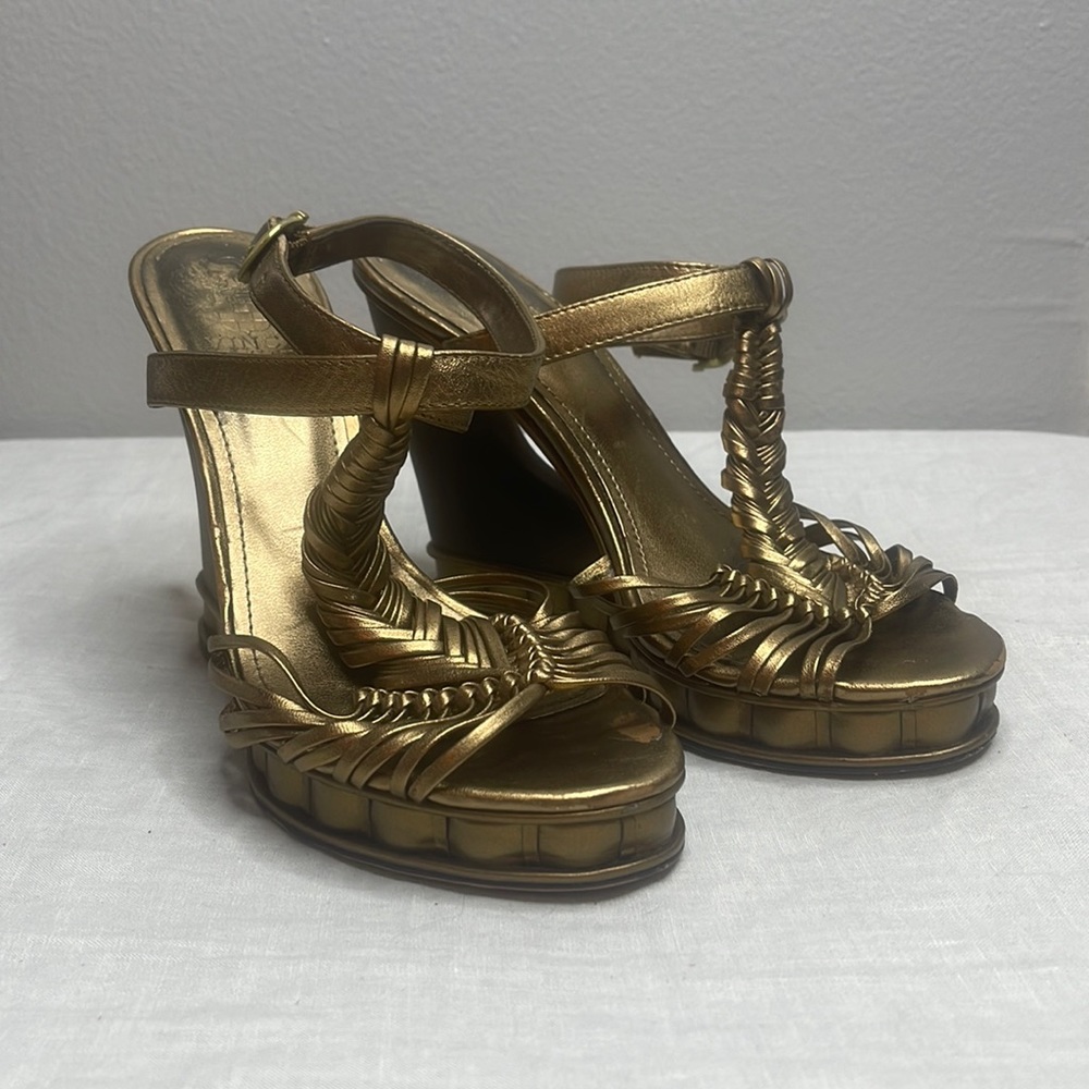 Vince Camuto Bronze Metallic & Wood Wedges